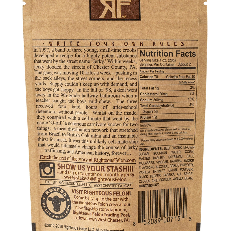 Bourbon Franklin Beef Jerky | Righteous Felon Craft Jerky